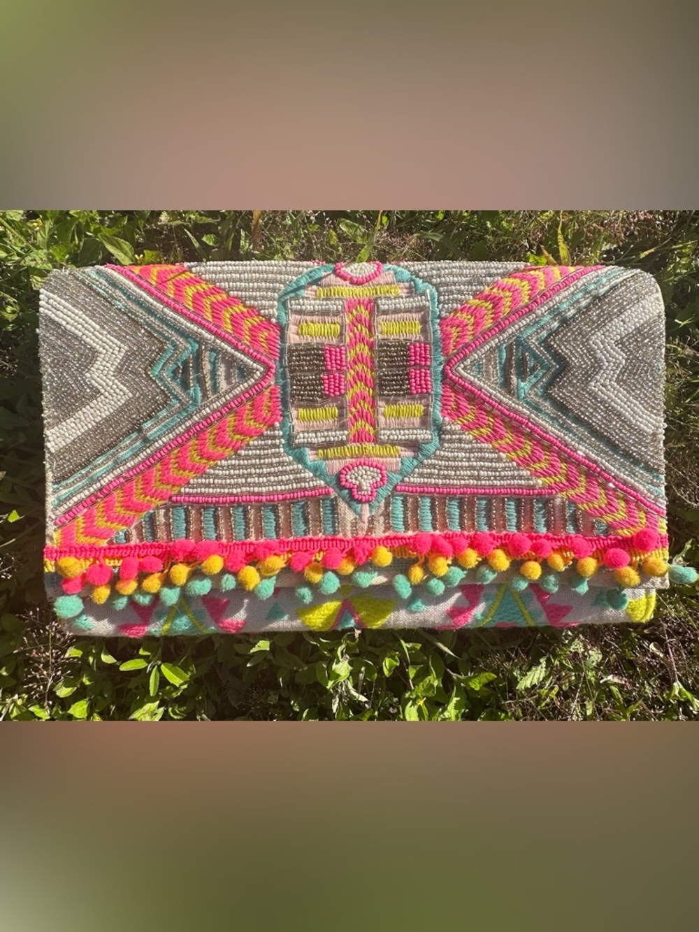 America & Beyond Embroidered Boho Clutch Pom Pom Festival Bag
